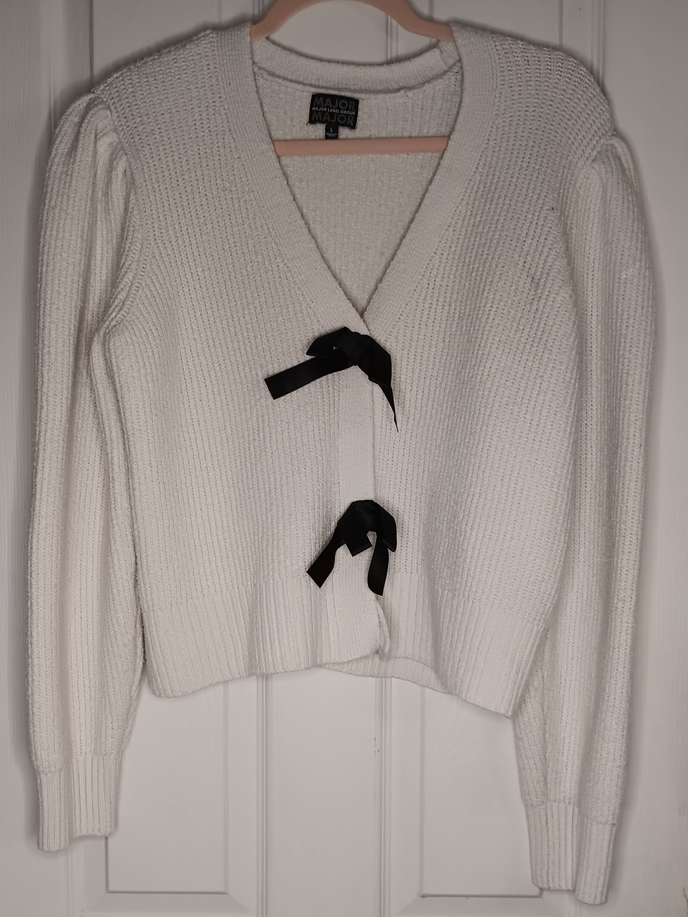 Cream V-Neck Knit Cardigan with Black Ribbon Ties